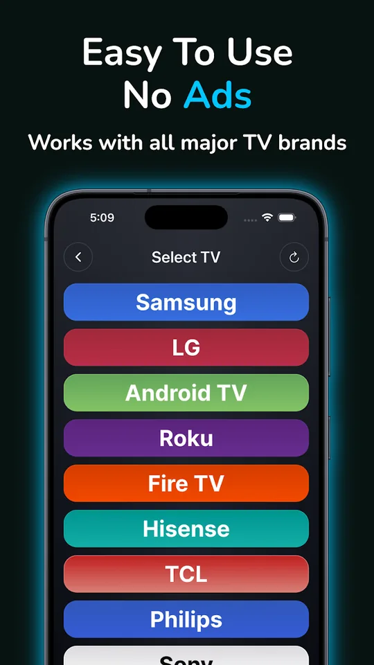 TV brand selection screen listing Samsung, LG, Android TV, Roku, Fire TV and more