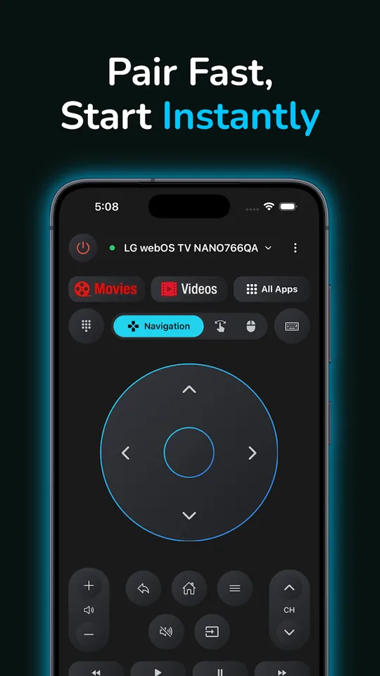 Any TV Remote Control app showing the remote screen connected to an LG webOS TV