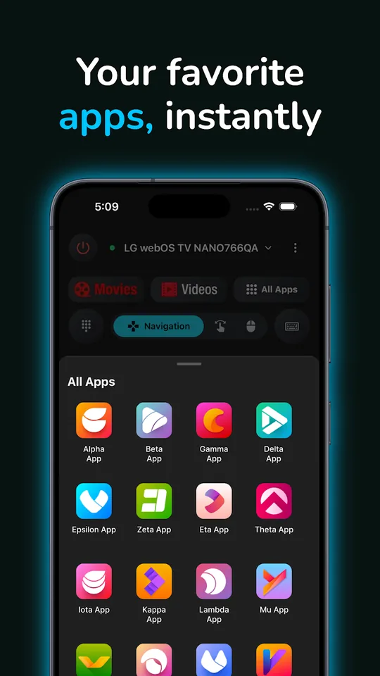 TV app launcher showing installed apps on the connected TV
