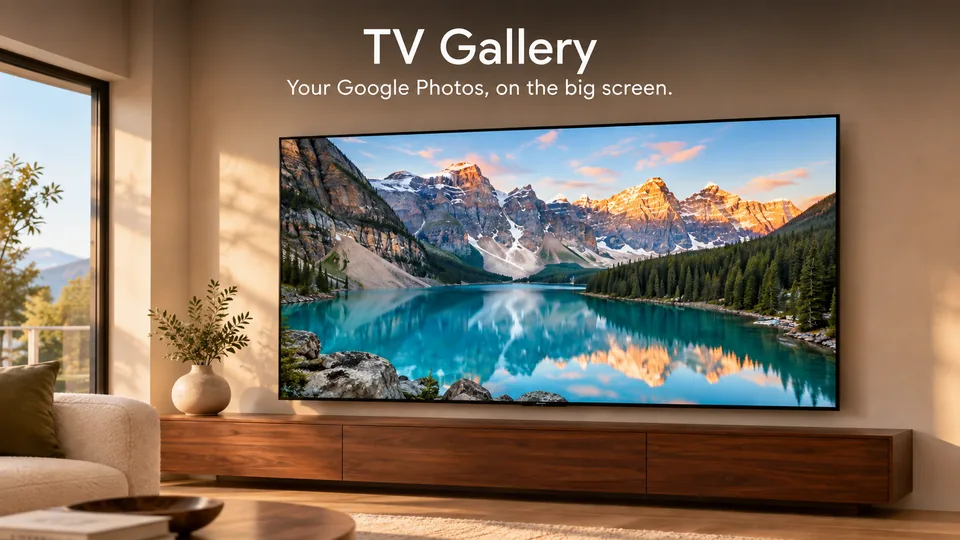 TV Gallery for Google Photos showing a mountain lake photo on a living-room TV