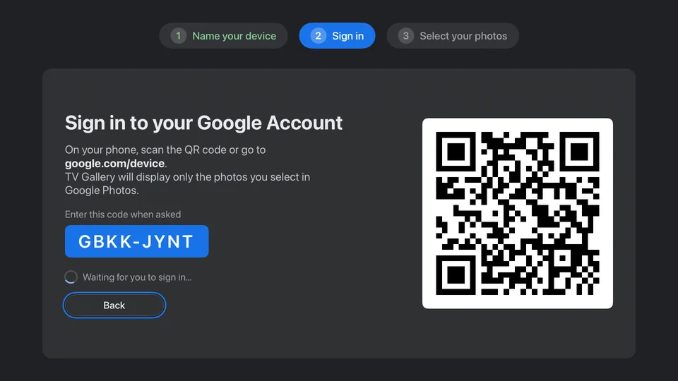 Sign-in screen with a QR code and a short code for google.com/device