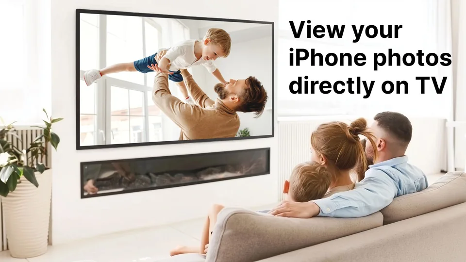 A family photo from iCloud shown on a living-room TV