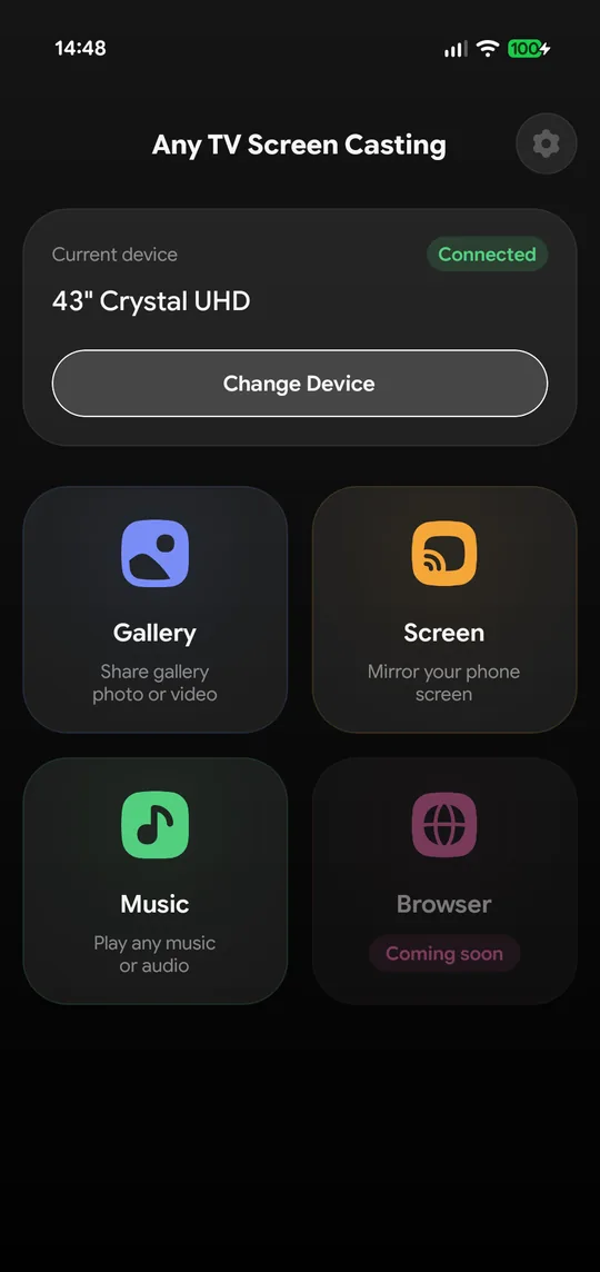 Home screen with the connected TV and the Gallery, Screen and Music options