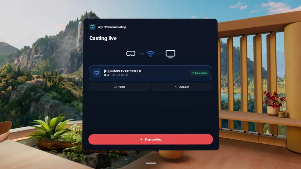 Casting live screen showing the headset connected to an LG TV at 1080p with audio on