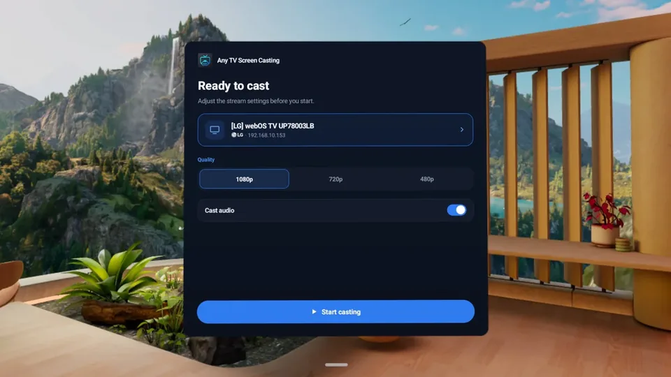 Ready to cast screen with the selected TV, quality options 1080p, 720p and 480p, and a cast audio toggle