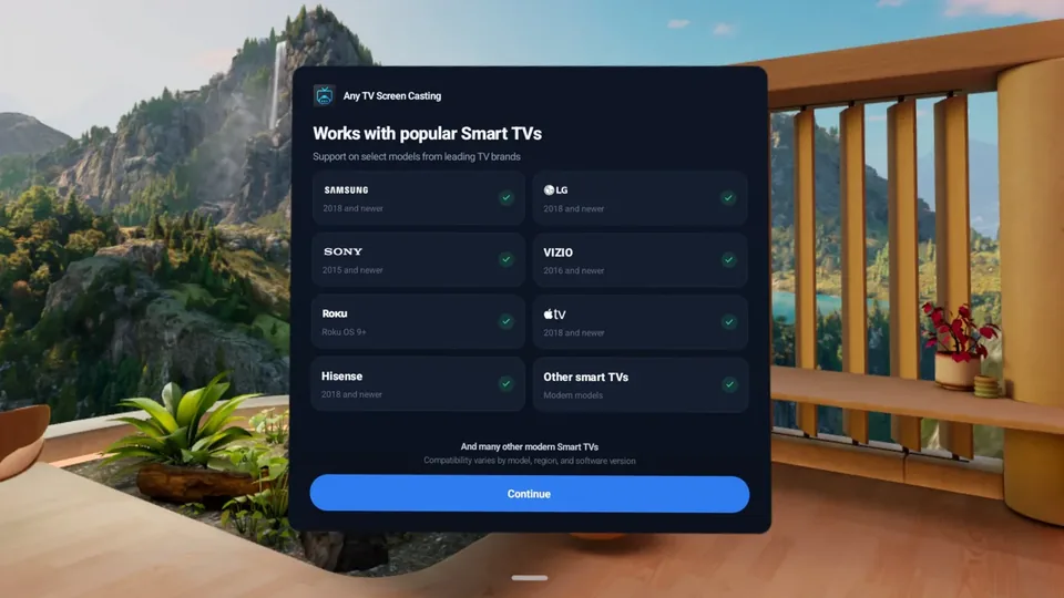 Compatibility screen listing Samsung, LG, Sony, VIZIO, Roku, Apple TV, Hisense and other Smart TVs